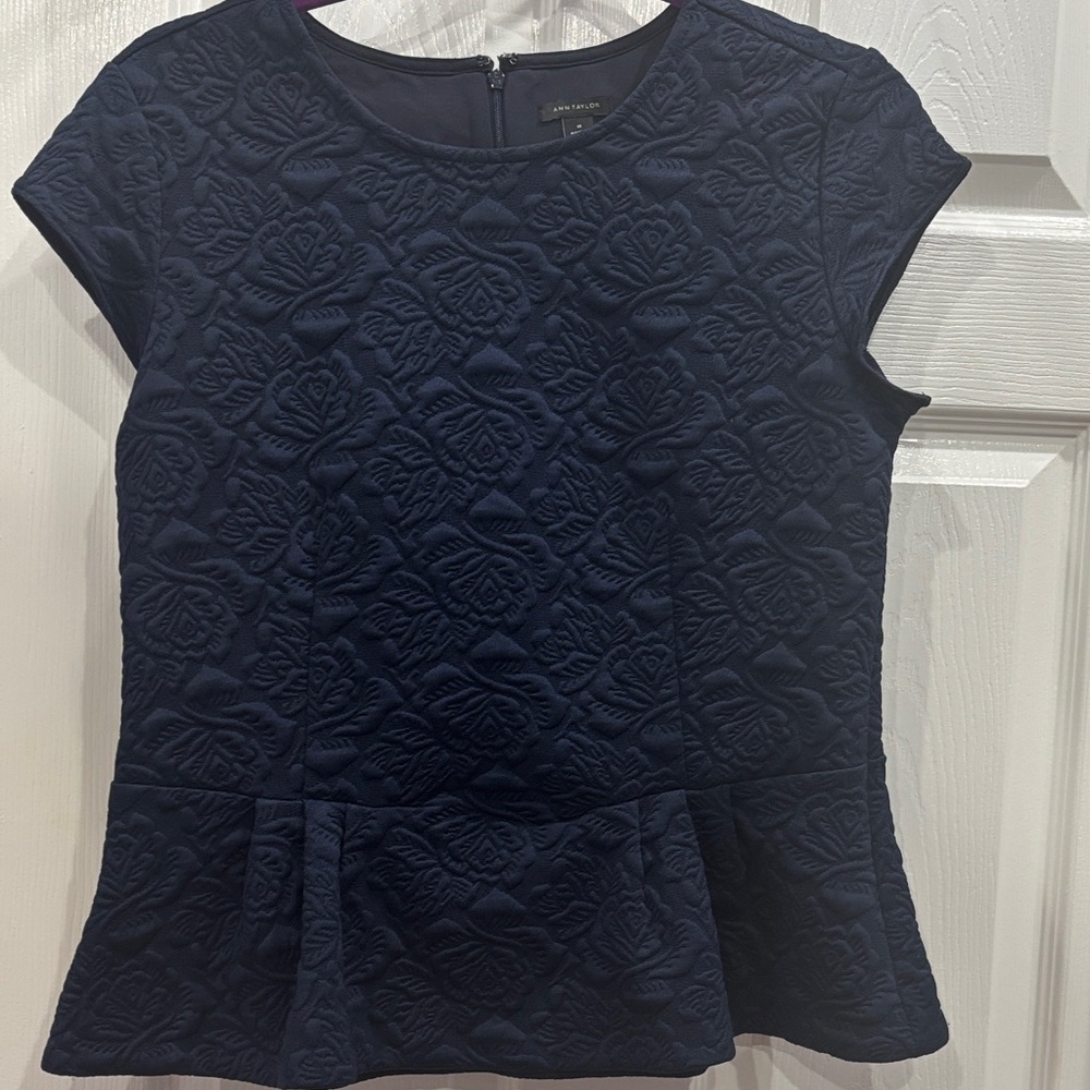 Ann Taylor Navy Floral Textured Blouse